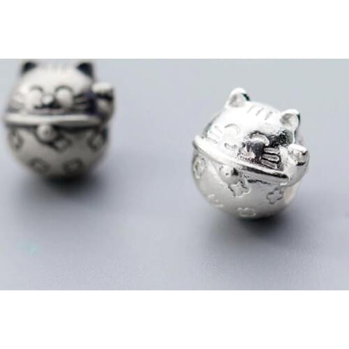 100% 925 Sterling Silver Fortune Cat Charm Beads Big Hole Fashion Bracelets Spacer Beads For Girls Boys DIY Jewelry Making Gift