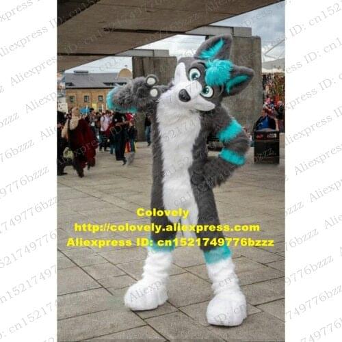 Long Fur Furry Grey Wolf Husky Dog Fox Fursuit Mascot Costume Adult Cartoon Character Suit Return Banquet Group Photo zz7576