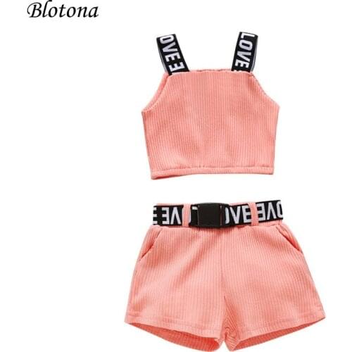 Blotona 2Pcs Kids Girls Summer Tracksuit, Letters Widen Strap Sleeveless Crop Tops + Solid Color Ribbed Shorts with Waist Belt