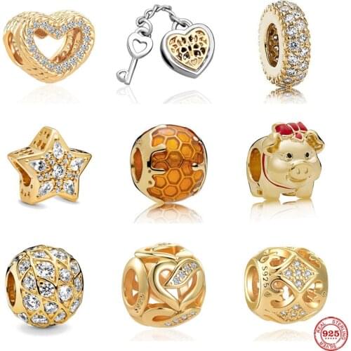 New Gold Key Lock Pig Honey Comb Star Spacer Diy Beads fit Original Pandora Charms Silver 925 Bracelet DIY Women Jewelry