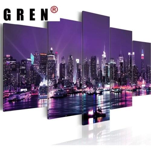 GREN 5 Panel Night View Poster New York City Construction Scenery Canvas Painting Landscape Modular Wall Art Pictures Room Decor