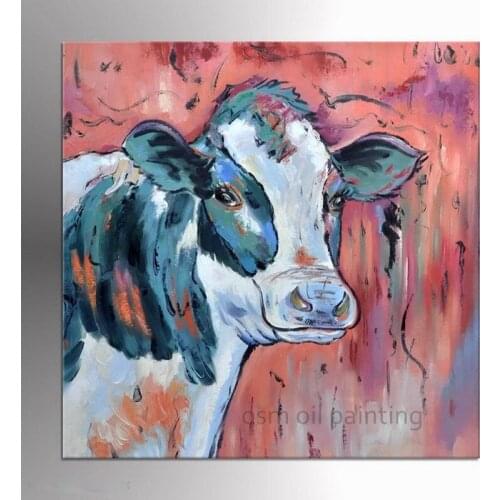 Hand Painted Funny Animal Cow Modern Oil Painting on Canvas Wall Art Painting Hang Pictures for Room Decoration Craft Art