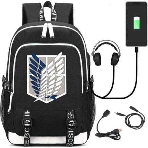 Attack on Titan Backpack Bag Canvas Rucksack w/ USB Fashion Port and Lock / Headphone Anime Book Bag Laptop