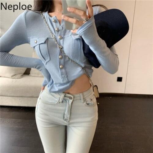 Neploe Sexy Crop Tops Slim Fit Irregular Shirt for Women O-neck Long Sleeve Tshirt 2021 Ropa De Mujer Korean Fashion Black Tees
