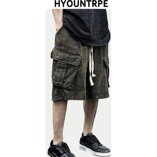 Men Hip Hop Shorts retro Camouflage Cargo pockets Shorts Casual Elastic Waist Drawstring Sportswear Streetwear loose Short Pants