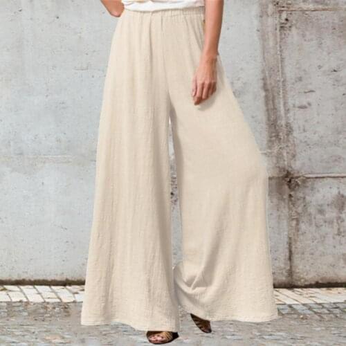 2021 New Summer Women Slacks Mid Rise Solid Color Wide Leg Elastic Waist Cotton Linen Long Pants Trousers for Office Daily