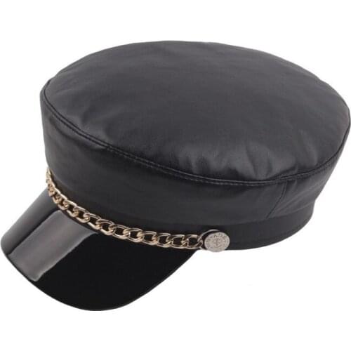 HUISHEN007 New Women British Faux Leather Beret Cap With metal Chain Girls Casual Cotton Cap Flat Navy Hat Gorros