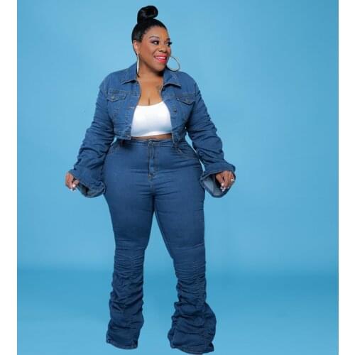 Plus Size Casual Jeans Suit Women Denim Two Pieces Set Blue Long Sleeve Jeans Top&Long Pants Slim Tracksuit Outfits 2021 Autumn