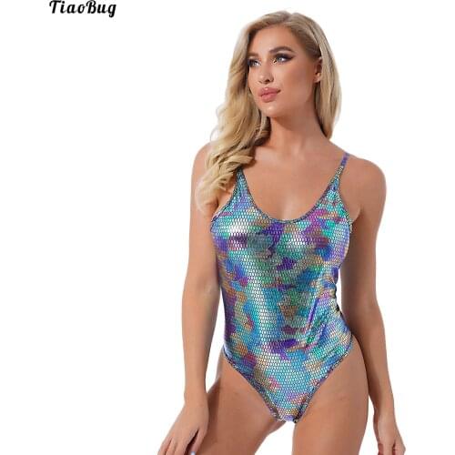 TiaoBug Women Metallic Shiny Faux Leather Spaghetti Strap Swimming Bodysuit Snakeskin Printed Scoop Neck Sleeveless Leotard