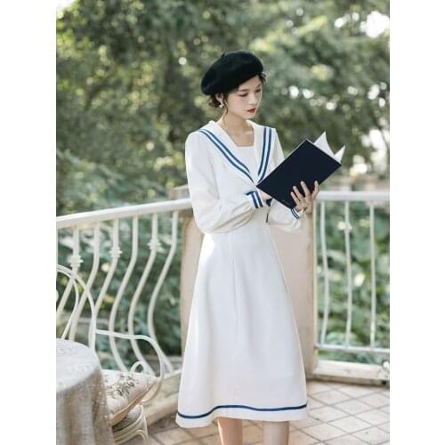 New Autumn College Style Dress nNavy Bow Gentle Student Midi Designer Spring Dress 2021 Fashion Clothing