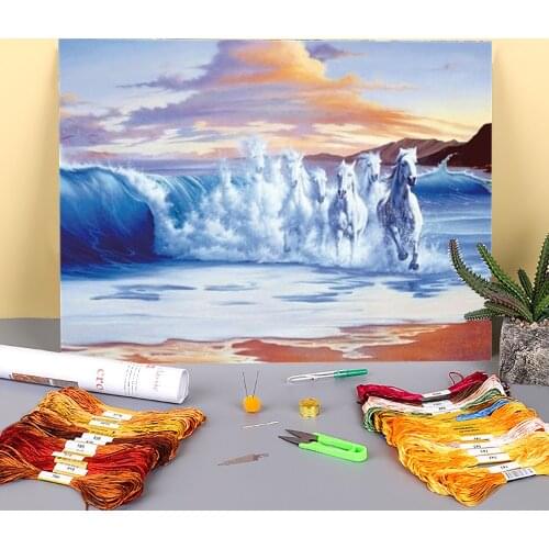 Animal Horse Printed Water-Soluble Canvas 11CT Cross Stitch DIY Embroidery Full Kit DMC Threads Handiwork Sewing Decor