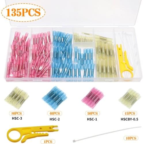 135pcs Solder Seal Wire Connectors, Butt Connectors Heat Shrink Electrical Insulated Marine Waterproof Wire Terminals