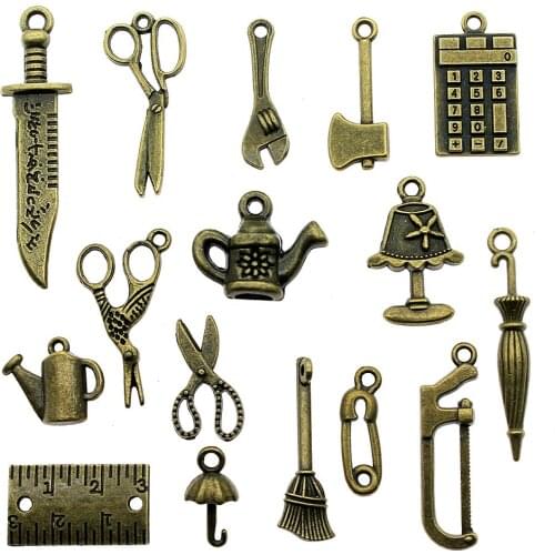 15pcs Antique Bronze Tools Charm Pendants For Jewelry Making Knife Ax Scissors Charms Jewelry Accessories