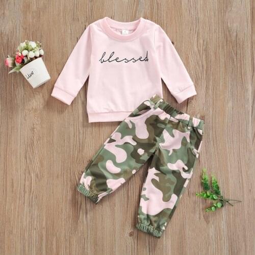 2Pcs Kids Casual Outfits Baby Girls Autumn Clothes Sets Letter Print Long Sleeve Pullover Tops Camouflage Pocket Pants 1-6 Years