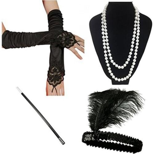 1920s Accessories Headband Necklace Gloves Cigarette Holder Flapper Costume Accessories Set for Women