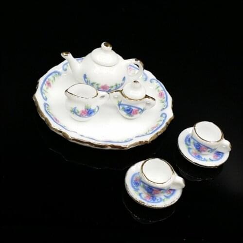 G07-X462 children gift Toy 1:12 Dollhouse mini Furniture Miniature rement Doll accessories blue flower tea pot 8pcs/set