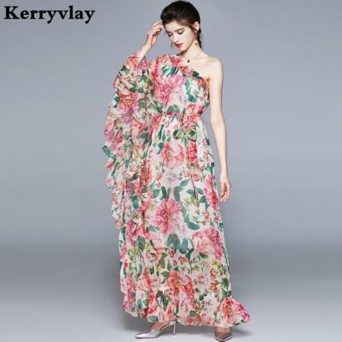 Bohemian Holiday Floral Printed Long Party Maxi Dress Women Party Lotus Leaf Lace Charming One Off Shoulder Sexy Dresses K8826