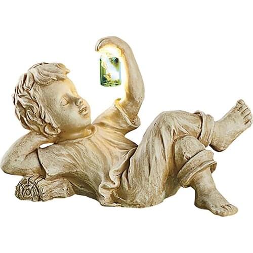 Boy and Girl Garden Statue with Solar Firefly Decoration Resin Whimsical Flower Bed Yard Outdoor Sculptures Decoration WWO66