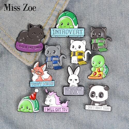 Cartoon Animal Enamel Pins Custom Panda Cat Turtle Fox Rabbit Brooches Bag Clothes Lapel Pin Badges Funny Zoo Jewelry