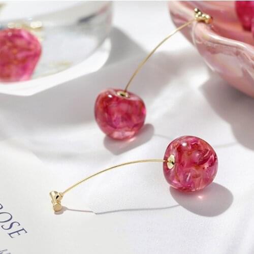 Korean Pink Cherry Drop Earrings For Women Fashion Long Danlge Earrings Accessories Mujer 2021 Gold Brincos Jewelry