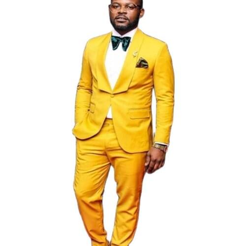 Costume Homme Mens Suits (Jacket+Pants) Yellow Groom Tuxedos Shawl Lapel Wedding Tuxedo Fashion Blazer Dinner/Darty