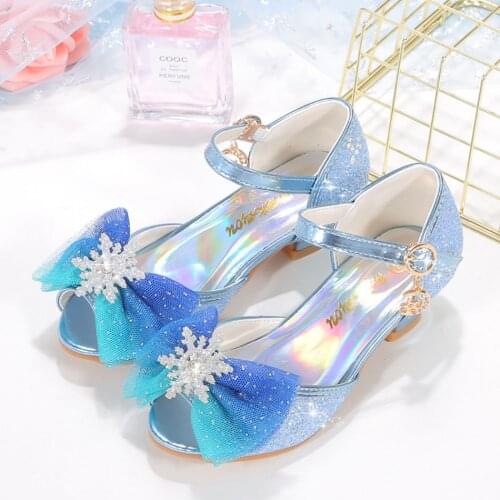 Girls Summer Lader Sandals Children Snowflake Bow Princess Shoes Kids High-heeled Shoes Girls Party Wedding Shoes 7-16 Years