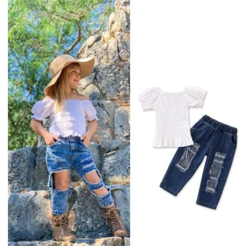 Summer Kids Girls Clothes Solid Short Sleeve Top Ripped Denim Pants Children Fashion Style 2pcs Children Girl Clothing Sets