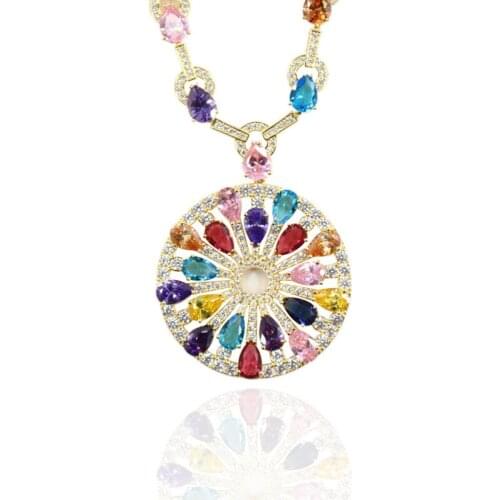 Hot famous brand jewelry big round coin rainbow color stone pendant necklace women fashion cubic zirconia muti color party bijou