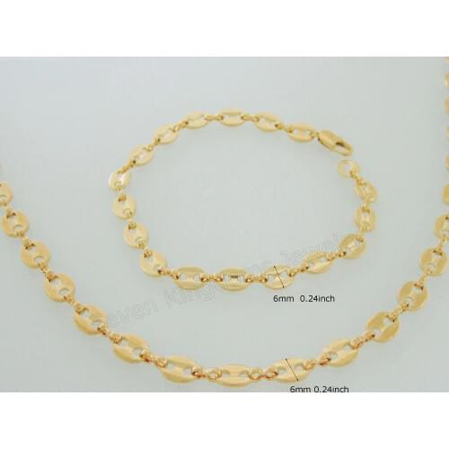 Min order 1 piece - YELLOW GOLD GP COFFEE BEAN SHAPE LINK CHAIN 24" NECKLACE & 7.9" BRACELET SET/SIZE CAN BE ADJUSTED