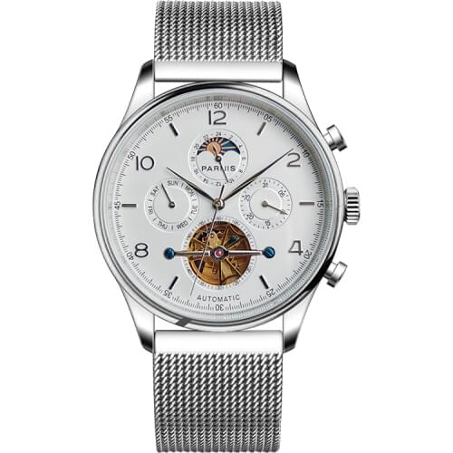 Parnis 43mm Automatic Mens Watches Moon Phase Calendar Stell Strap Men Wristwatch JHS35 Movement Mechanical Man Clock box gift