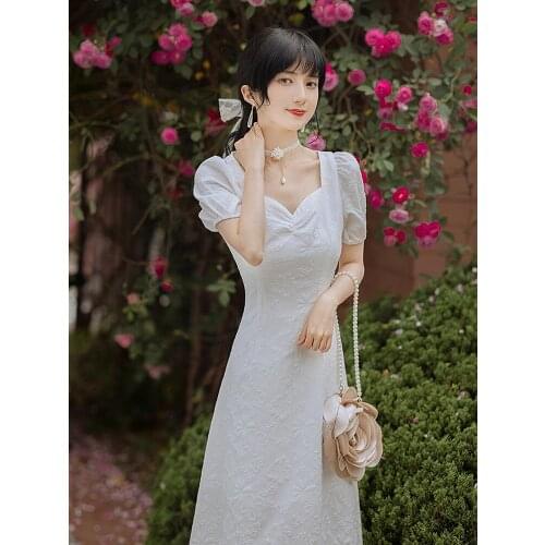 2021 Summer New Womens Girls Young Style Square Neck Puff Sleeve Mid-Length Dress Wedding Party Embroidered White Dress