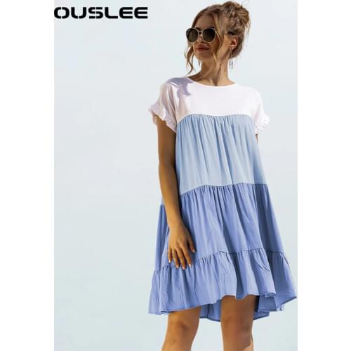 OUSLEE Boho Ruffles Dress Women Summer Casual Loose Cute Layered Mini Dresses Female Patchwork Colors Beach Party Sundress Femme