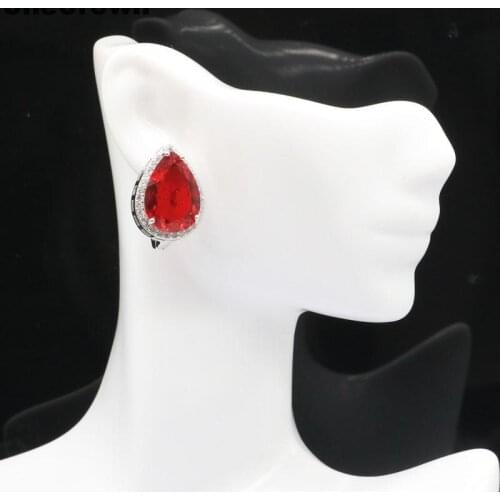 22x16mm SheCrown Water Drop 18x13mm Created Red Blood Ruby White CZ Gift For Ladies Jewelry Silver Earrings