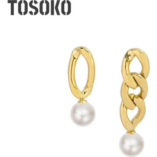 TOSOKO Stainless Steel Jewelry Irregular Earrings Exaggerated Thick Chain Pearl Asymmetric Earrings For Female BSF514