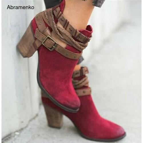 Ankle Boots Suede Leather Casual High Heels Fashion Square Rubber Khaki Buckle Strap Shoes For Women Summer Boots Size 34-43