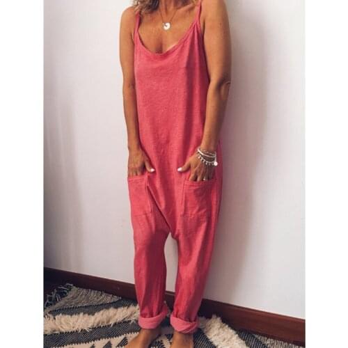 2020 Loose Sleeveless Low Waist Jumpsuits With Pockets Female Wide Leg Loose Siamese Pants Overalls Macacao Ez