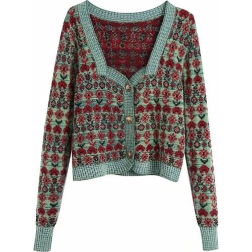 Evfer Women Fashion Square Collar Flower Knitted Za Cardigans Autumn Female Elegant Long Sleeve Single Breasted Jacquard Sweater