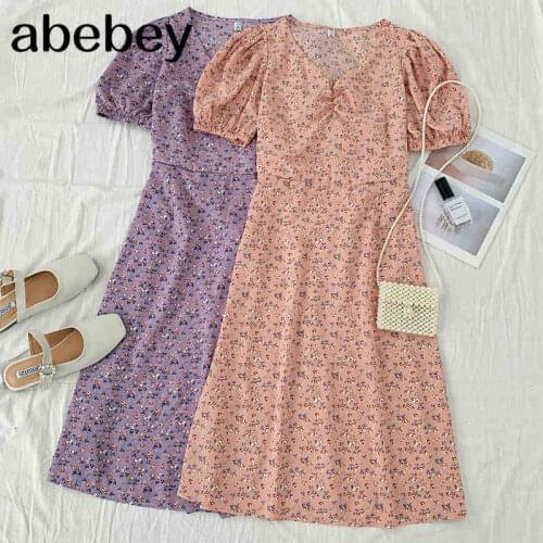 2021 New Summer Sweet All-match V-neck floral print Dress high waist ruched short sleeve medium length Dress