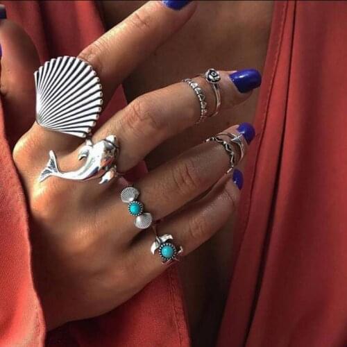 8 Pcs/Set Female Rings Retro Shell Dolphins Fishtail Heart Flower Joint Silver Color Ring Set Summer Beach Party Jewelry Gift