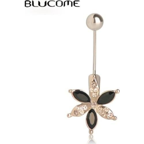 Blucome 3 Color Flower Rhinestones Belly Button Ring For Girls Holiday Summer Sexy Navel Piercing Jewelry