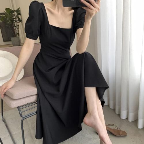 Black Dress for Women 2021 Summer New Ins Tea Dress Temperament Square Collar Overknee Long Hepburn Style Little Black Dress