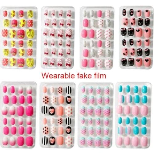 Children Candy False Nail Decoration Tips Cartoon Full Cover Kid Pink Fake Art for Little Girls Manicure Tool 24Pcs/Set