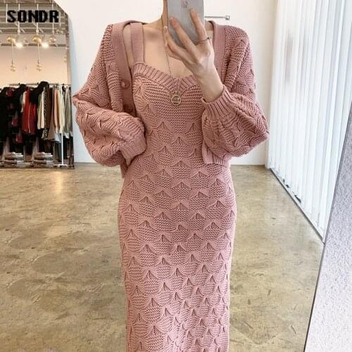 2020 Winter Single-Breasted Lantern Sleeve Knit Cardigan Jacket Heavy Industry Textured Sleeveless Sweater Dress Long Dresses
