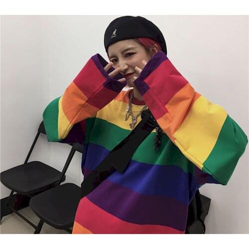 Womens Rainbow Striped T-shirt Long-sleeved Spring Autumn New Style Korean Student Loose Fashion Top Oversize Kawaii Clothes