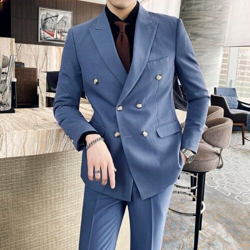 Korean Double Breasted Tuxedo Suit Men Business Work Wedding Formal Sets Solid Suit Jacket with Pant Slim Fit Casual Clothing
