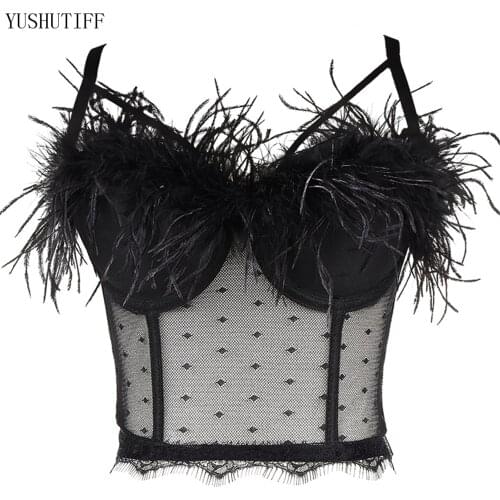 Tanks Camis Sexy Top Lace See-Through Feather Female Crop Top Women Solid Camis Tops With Built In Bra Push Up Bustier Bralette
