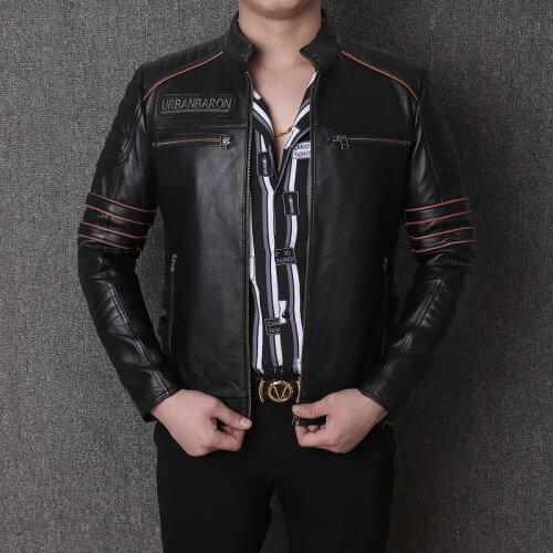 Leather Motorcycle Men Jacket Genuine Leather Outerwear First Layer Cowhide Leather Short Jacket Skull Pattern Stand Collar