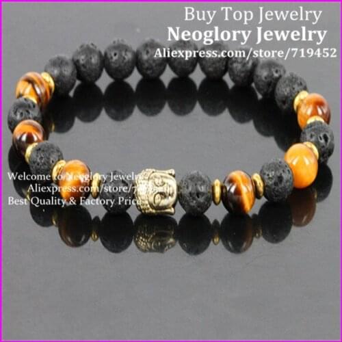 10PCS Mens Buddha bracelet, Nature Lava Stone Beads With Tigers Eye bracelet,Gold Buddha bracelet, Energy Stretch bracelet