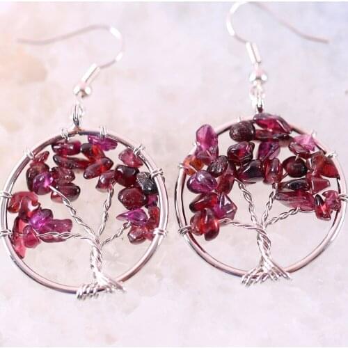Natural Stone Red Garnet Handmade Jewelry For Women Tree of Life Dangle Earrings 1Pair U360