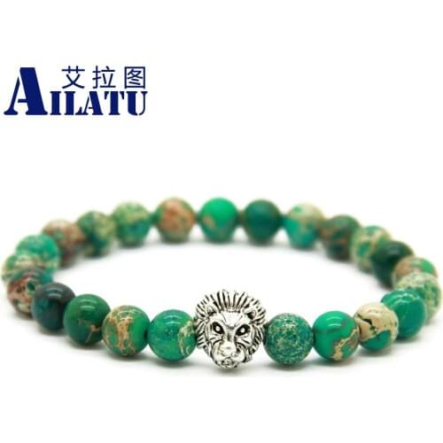Ailatu New Design Nice Mens Silver Color Lion Head Bracelet Made with 8mm Green Sea Sediment Stone Beads as Gift for Party